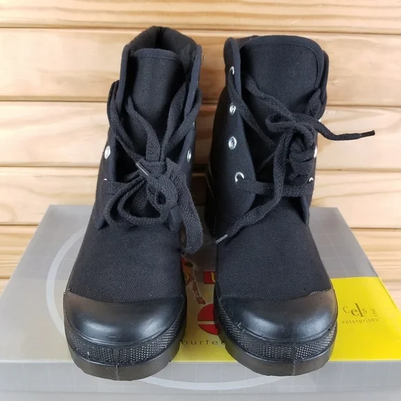 Black Canvas Combat Military Biker Moto Ankle Boots Lace up Women's 6.5M Heeled - Picture 2 of 10